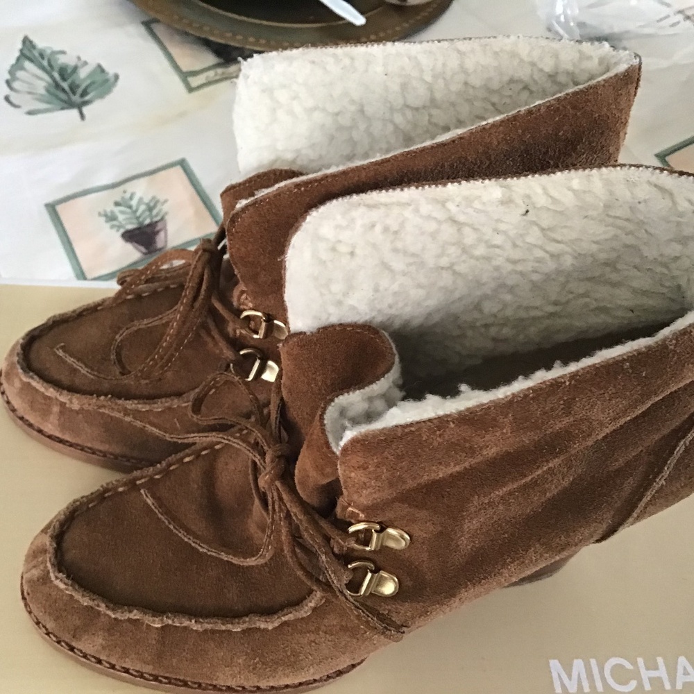 Michael Kors Suede Wedge Bootie, Plush Shearling, Lace Tie, Brown, Size 7